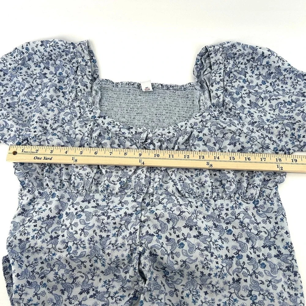 Cottagecore Blue Floral Peasant Top L Petite‎ Puff Sleeve Milkmaid Boho Romantic